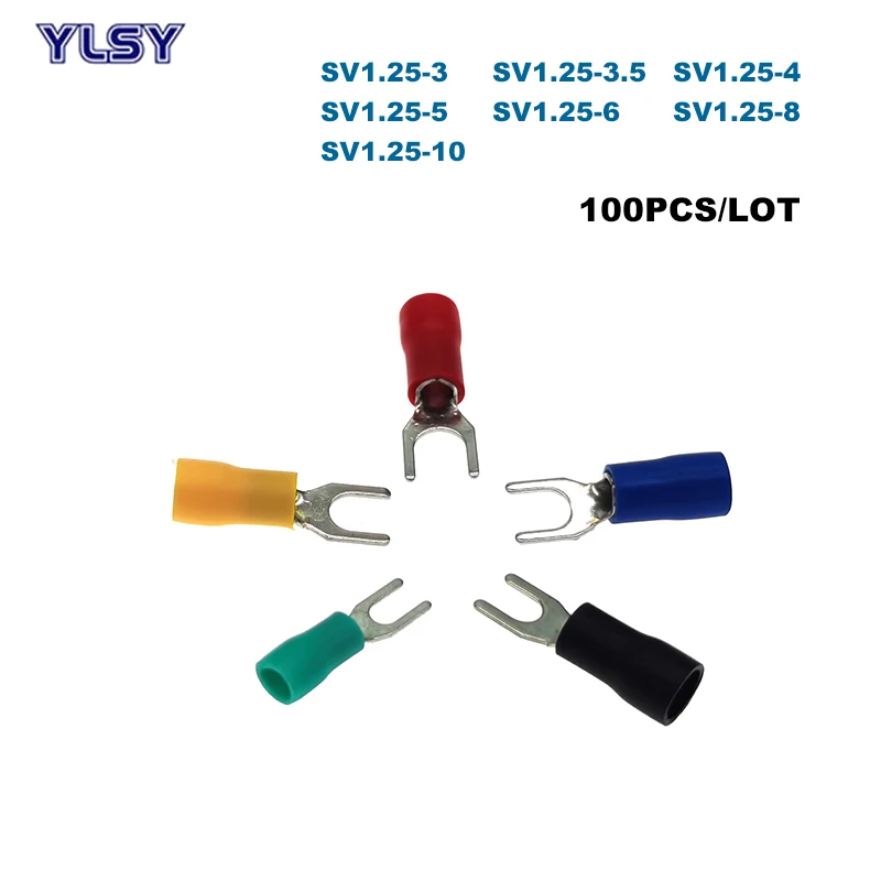 

100Pcs Spade Insulated Furcate Crimp Terminal Electrical Wire Cable Connector SV1.25-3/4/5/6/8/10 Lug Ferrules 22-16AWG 1.5mm²
