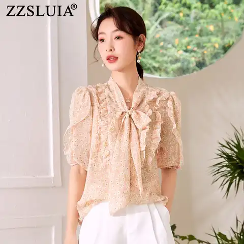 ZZSLUIA Elegant Shirts For Women Floral Printed Ruffles Designer Blouses Fashion Half Sleeve Bow Collar Tops Female Clothing