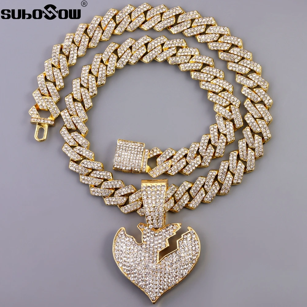 

Hip Hop Men Women Broken Heart Pendant Necklace with 14mm Rhinestone Miami Prong Cuban Chain Bling Iced Out Necklaces Jewelry