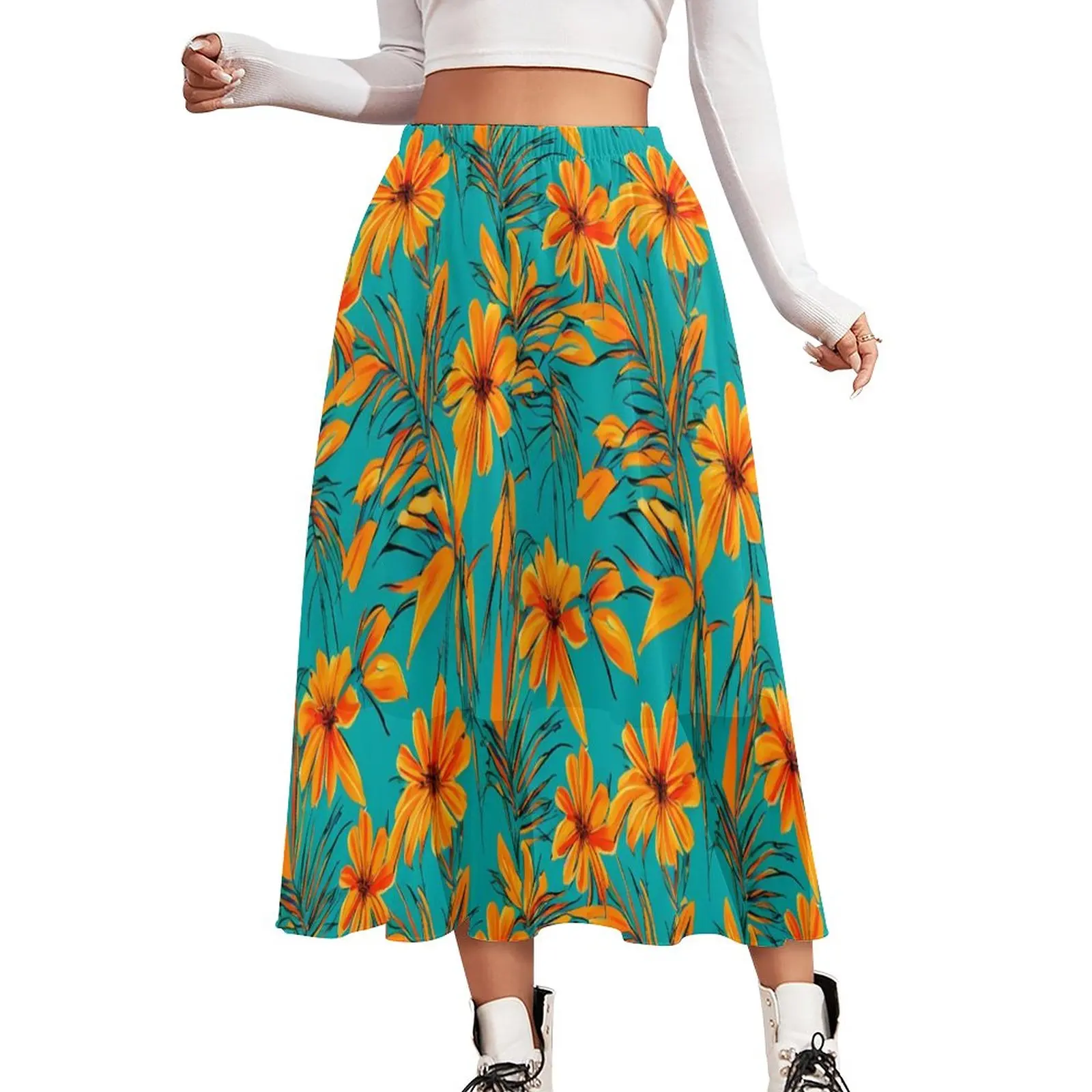 

Tropical Print Skirt Female Orange Flowers Vintage Boho Skirts Custom Elastic Waist Street Fashion Casual Skirt 2XL 3XL 4XL