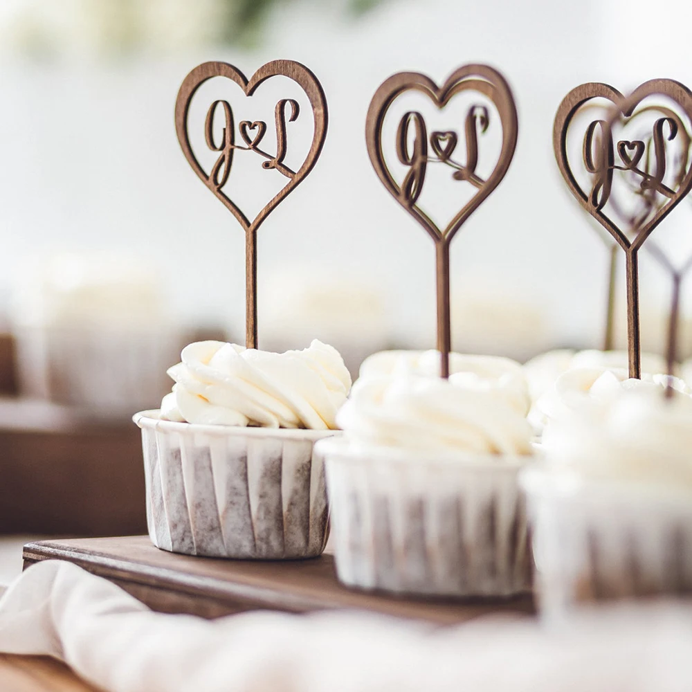 

20Pcs Personalized Wooden Cupcake Toppers Wedding Engagement Bridal Shower Bachelorette Party Baby Shower Birthday Decor