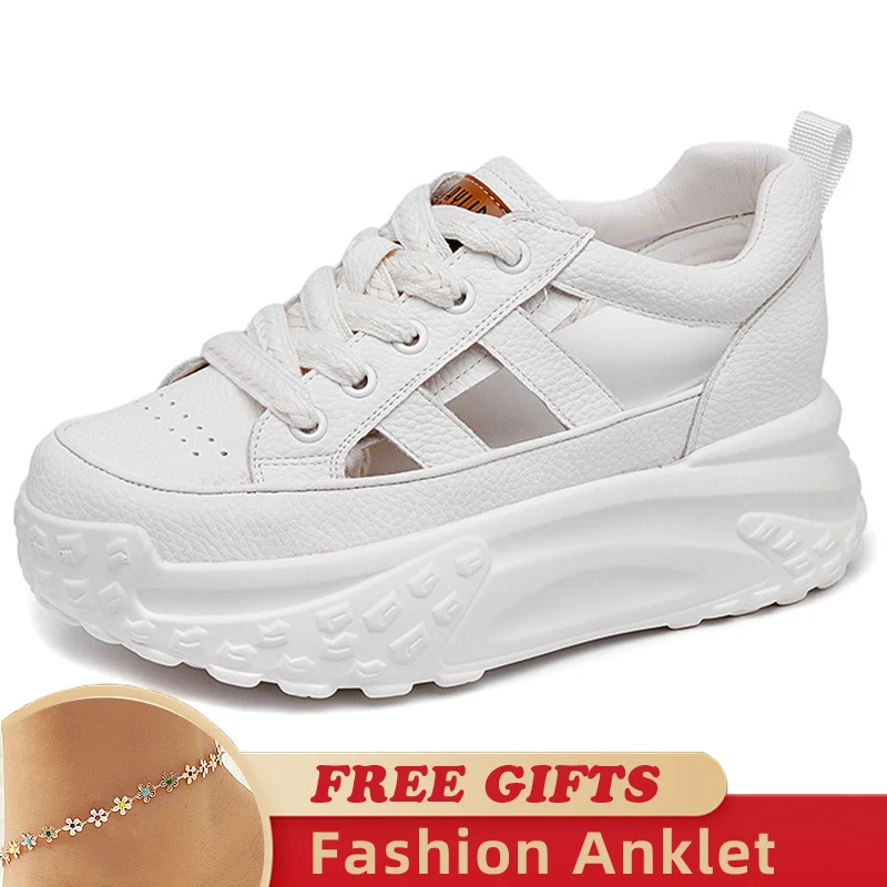 2023 Fashion Genuine Leather Hollow Comfy High Brand Breathable Shoes Chunky Sneaker Spring Summer Platform Women Wedge Shoes