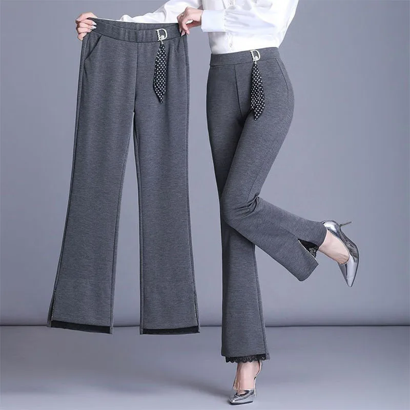 Office Lady Korean Solid Flare Pants Spring Autumn New Women Streetwear Fashion Splicing Lace High Waist Loose Wide Leg Trousers