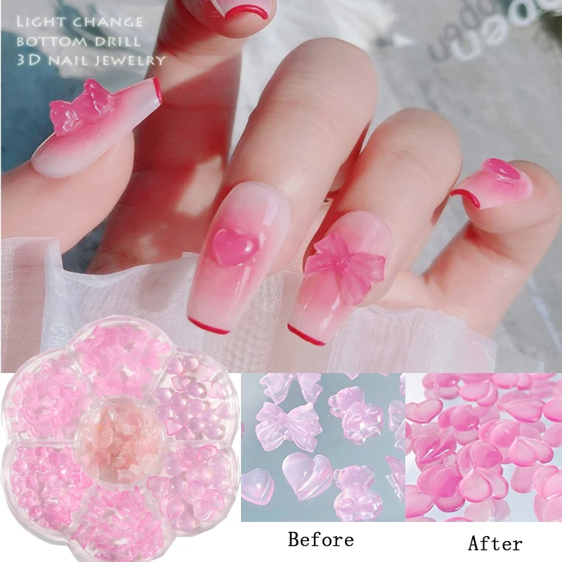 

7 Grids Light/UV Change Color Nail Drill Charms Clear Flat Bottom Love Ornament Jelly Resin Three-dimensional Nail Art Crystal