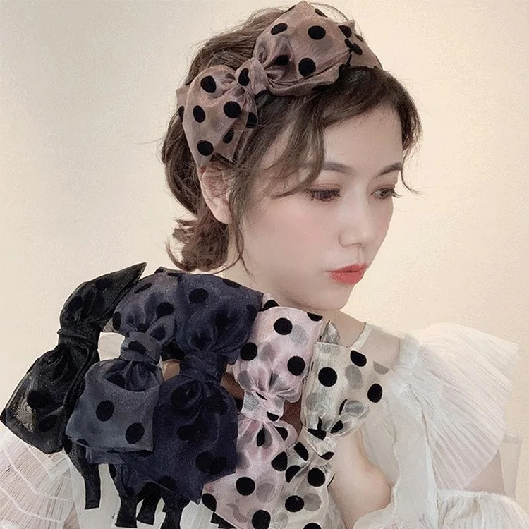 

Korean Hairband Vintage Dot Lace Wide Bezel Bow Hair Bands Women For Hair Accessories Knotted Hair Hoop Elastic Headbands