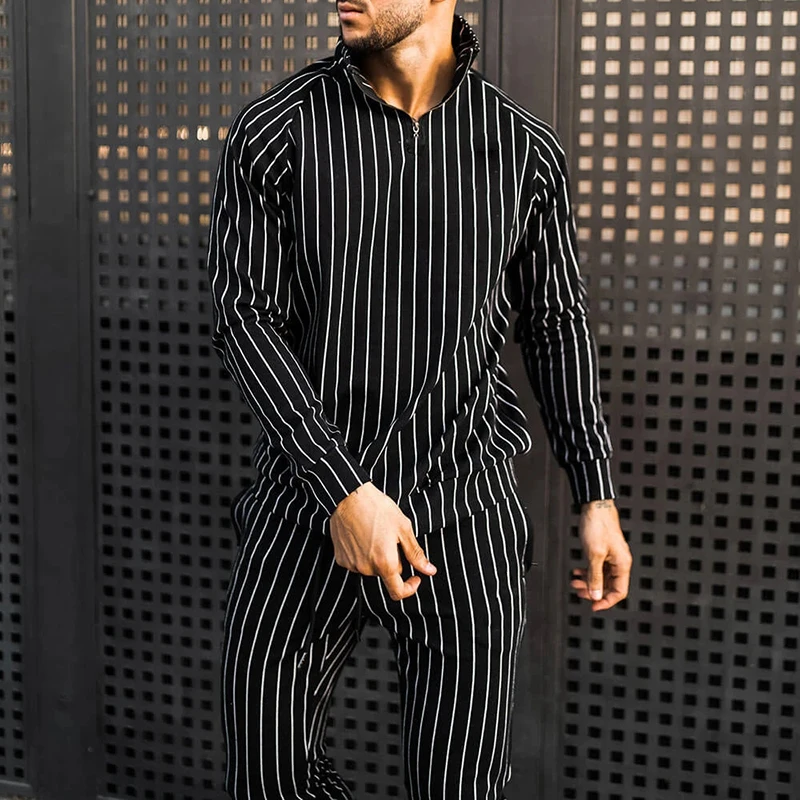 

Spring Men's Casual Stripe Print Set Fashion Long Sleeve Stand Neck Zipper Top and Drawstring Pants Suit Men Loose 2-Piece Sets