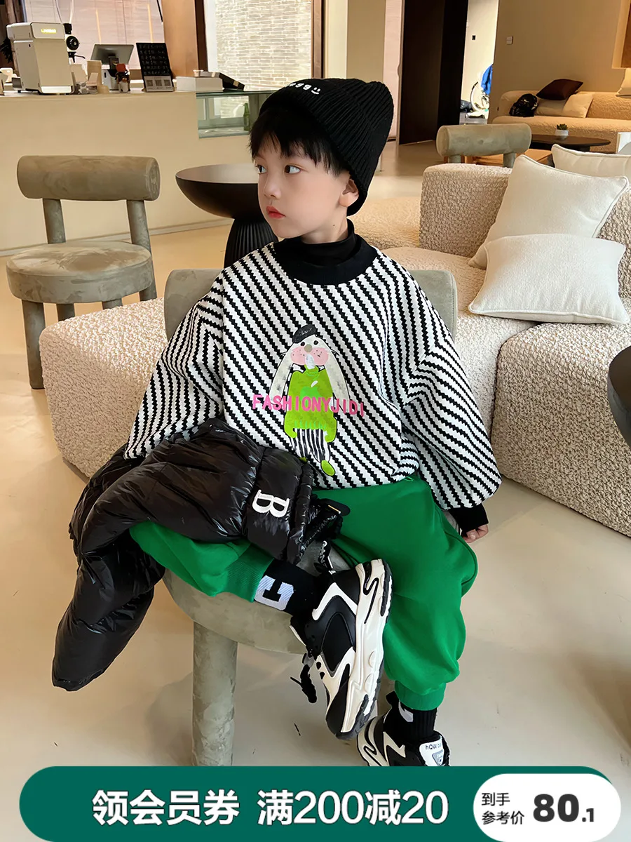 

BB Children's Clothing Children's Contrast Color Rabbit Print Single-Layer Fleece-Lined Sweater Boys 2022 Winter Large Children