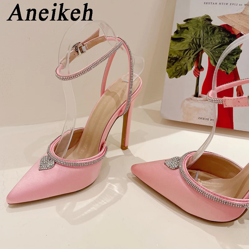 

Aneikeh 2024 блестящие Кристальные ремешки на лодыжке пикантные свадебные туфли с острым носком на высоком каблуке-шпильке женская обувь летние вечерние туфли-лодочки 35-42 розового цвета