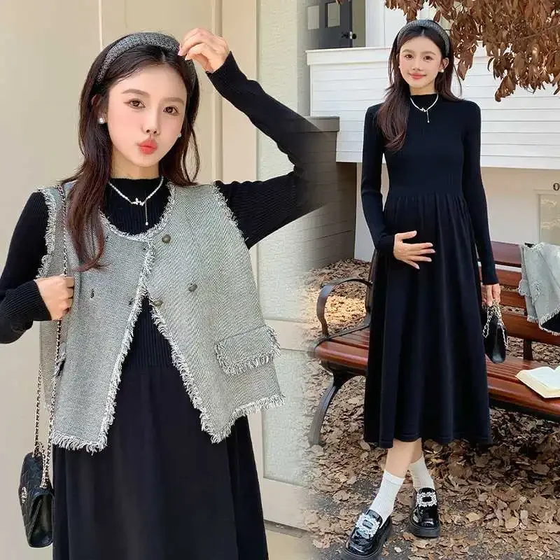 Твидовое трикотажное платье для беременных осень/зима 2024 средней длины