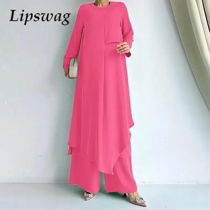 

Ladies Elegant Loose Office Two-Piece Casual Solid Pullover Set Autumn Fashion O-Neck Long Sleeve Top And Wide Leg Pants Set