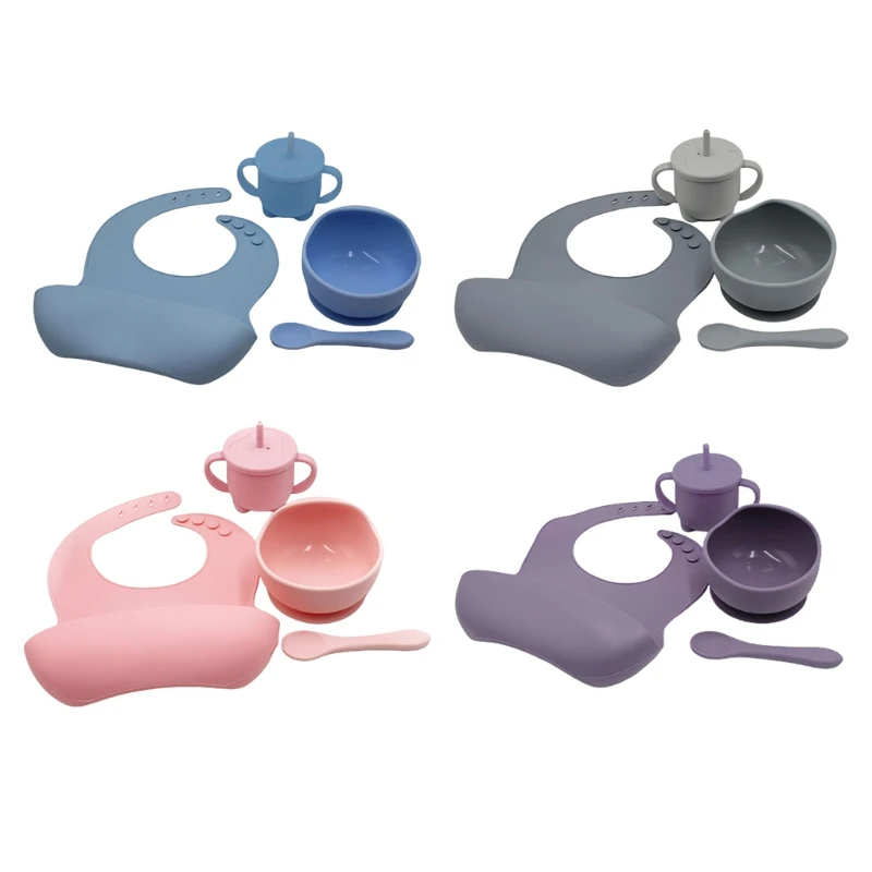 

4 шт детские силиконовые нагрудники присоски чаша ложка соломенная чашка набор тренировочные блюда для кормления