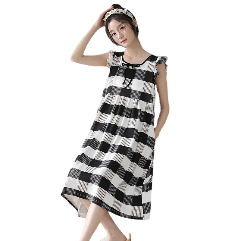 Women's Cotton Pajamas Summer round Neck Short-Sleeved Suspender Skirt Outerwear Homewear Suit