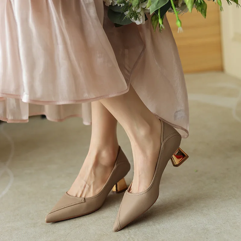 

Solid Color Stitched Women's High Heels Pointed Shallow Mouth Single Ladies Shoes Thick Heel Commuter Casual Females Pumps