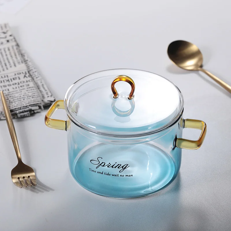 

Gradient Bowl For Pots Cooking Microwave Glass Oven Borosilicate Double With Nordic Home Style High Pot Ear Cover Blue Noodle