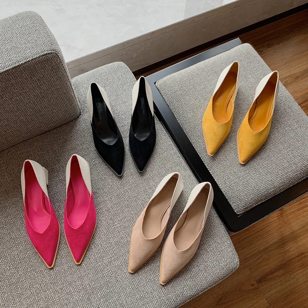 

Женские туфли-лодочки из флока, с острым носком, без застежки, на среднем квадратном каблуке, черные, бежевые, желтые, розовые, 39, 2023