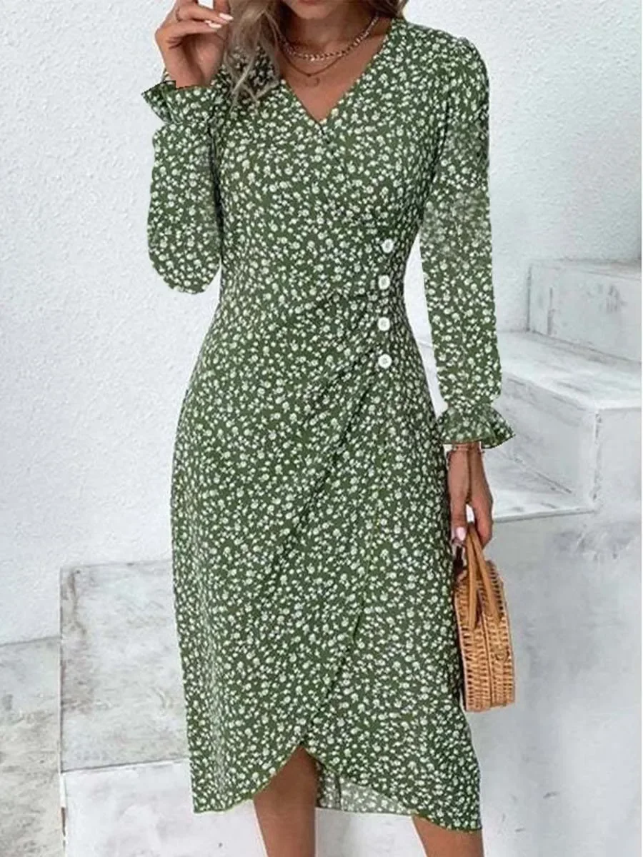 

2023 Autumn Floral Bodycon Midi Dress For Women V Neck Long Sleeve Ruched Slim Fit Dresses Female Sexy Vestido Robe
