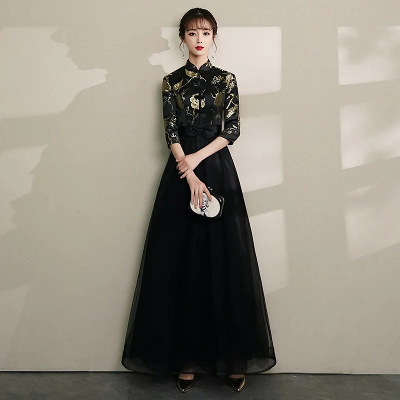 

Chinese Style evening Dress Chinese Style Black Elegant Long sleeve Host Banquet Style Solo Command Uniform Female H336