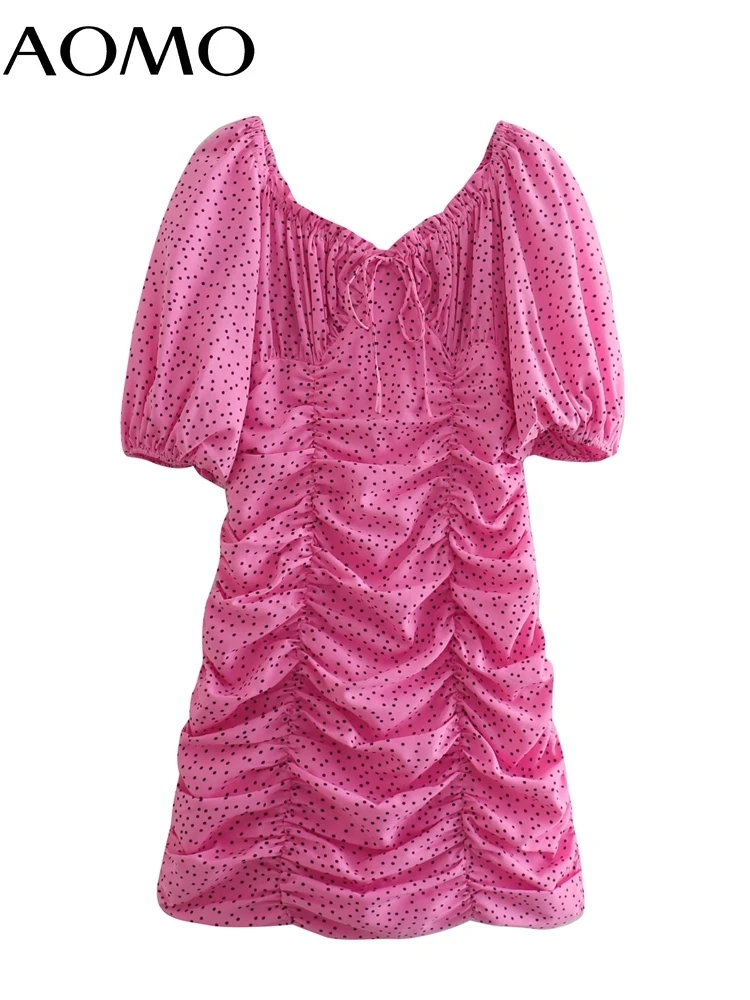 

AOMO 2022 Summer Women Pink Dots Print Pleated Dress Puff Short Sleeve Ladies Sundress QJ73A