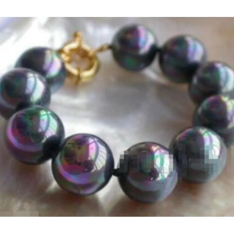 Новый Популярный редкий огромный 12 мм оригинальный Радужный черный круглый жемчужный браслет южного моря