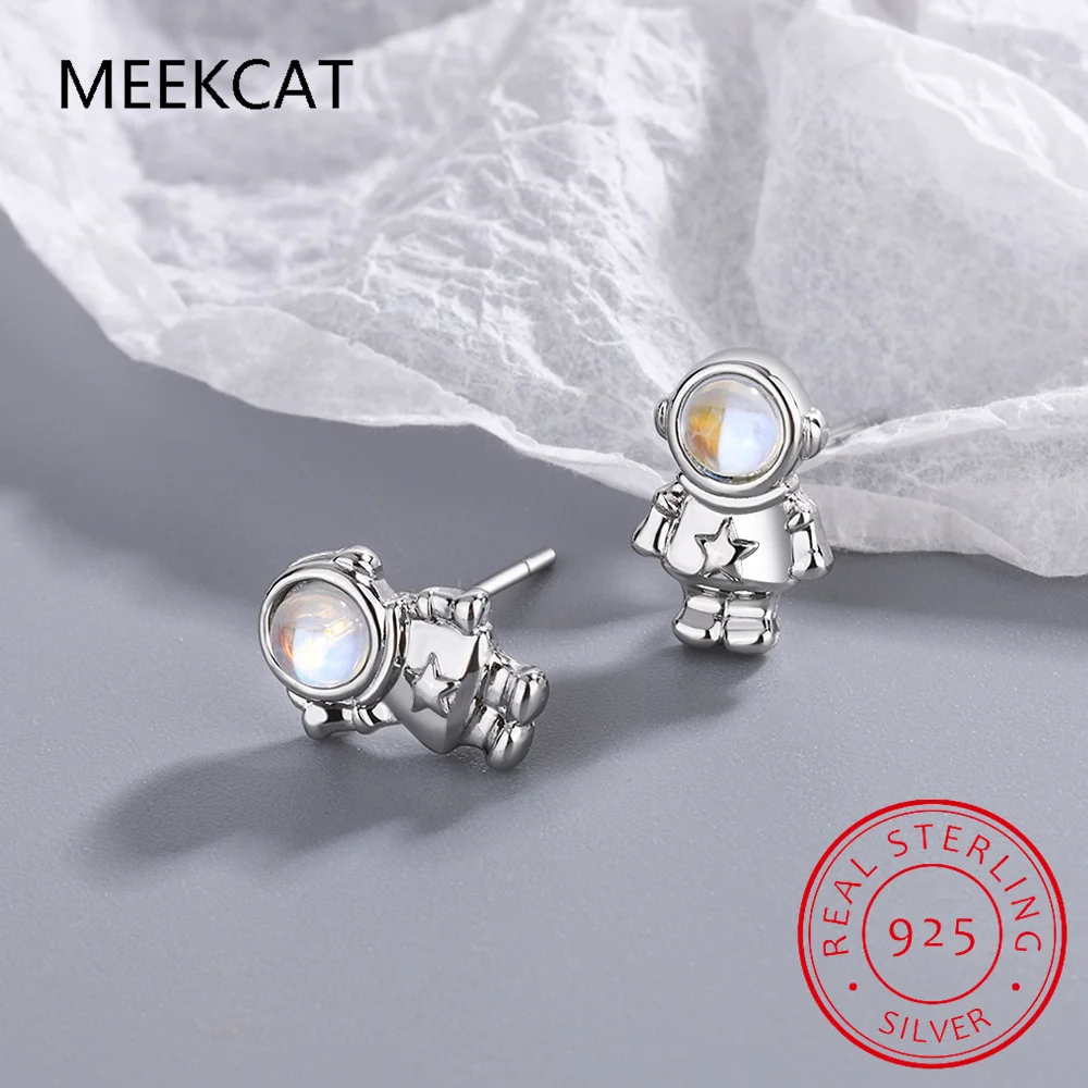Настоящее серебро 925 пробы милые серьги с астронавтом и звездой из лунного камня