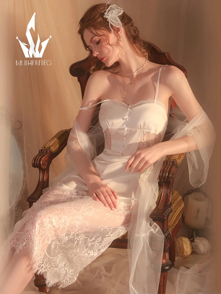 

Mulherelfo Sexy Lace Patchwork Robe Sets Women Nightgowns Vintage White Sling Nightdress Sleep Robe Outfits Female Nightwear Set