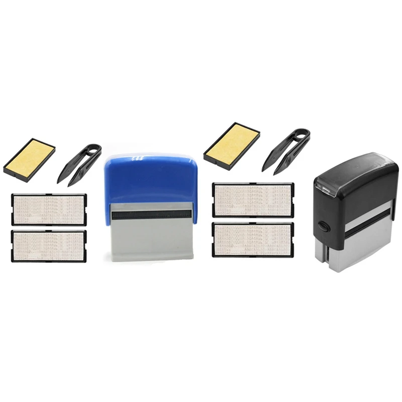 

2 Set Self Inking Stamp Set Diy Business Name Number Address Printing Rubber Stamp With Tweezers Kit - Black & Blue