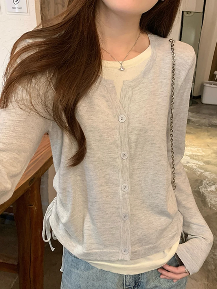 Корейский вязаный кардиган контрастного цвета из двух частей с длинными