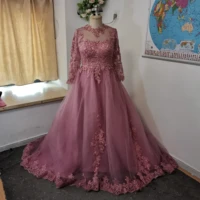 pink evening dresses 2022 long sleeves o neck lace beaded crystal saudi arabic women formal dress evening gown robe de soiree