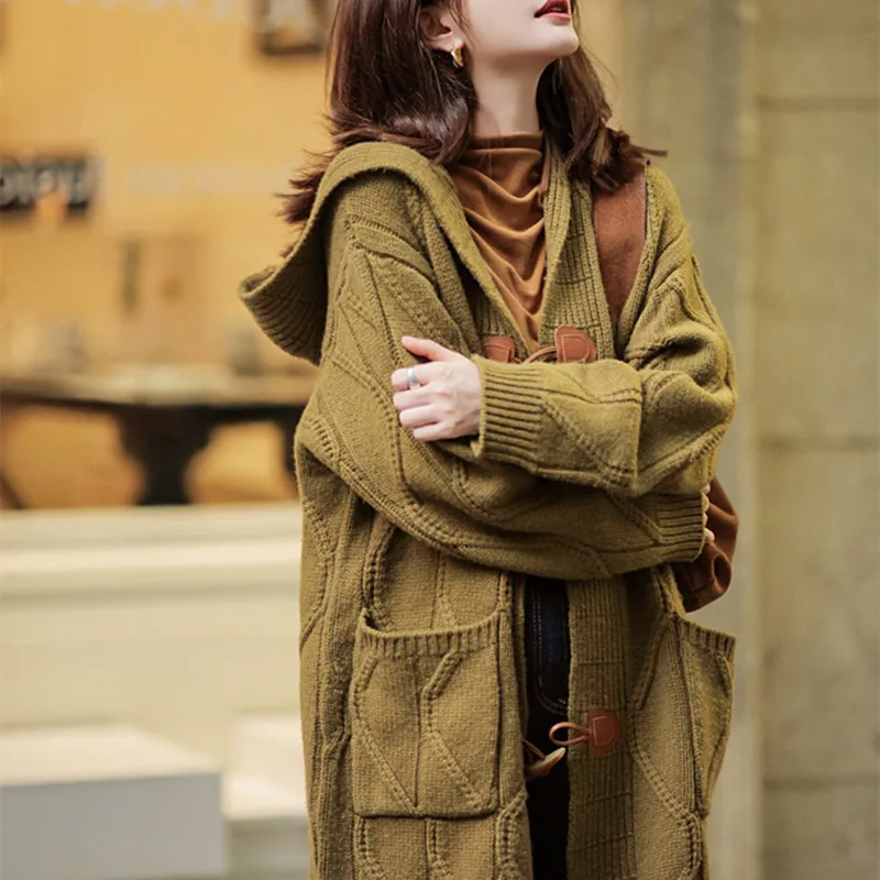 

Women Sweater Knit Cardigan Coat Autumn Winter Hooded Pocket Solid Color Loose Knitted Female Casual Horn Buckle Outerwear