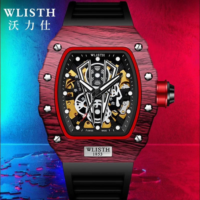 

Wlisth Men's Automatic Mechanical Watch, Double sided hollow Square watch, Glow-in-the-dark waterproof rubber watchband