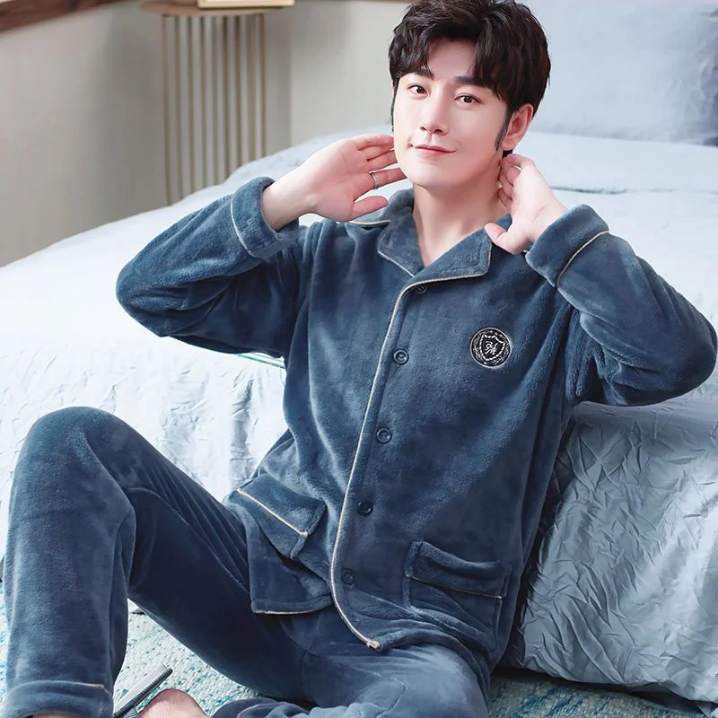 Winter Thick Homewear Men's Flannel Pajamas Sexy Sleepwear Set Man Stripe Soft Pajama Set Button Full Sleeve Shirt Pant 2PCS/Set