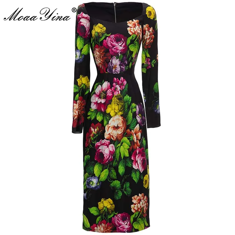 MoaaYina Fashion Runway dress Autumn Winter Women Dress Long Sleevele High waist Floral Print Balck Vintage Party Pencil Dresses