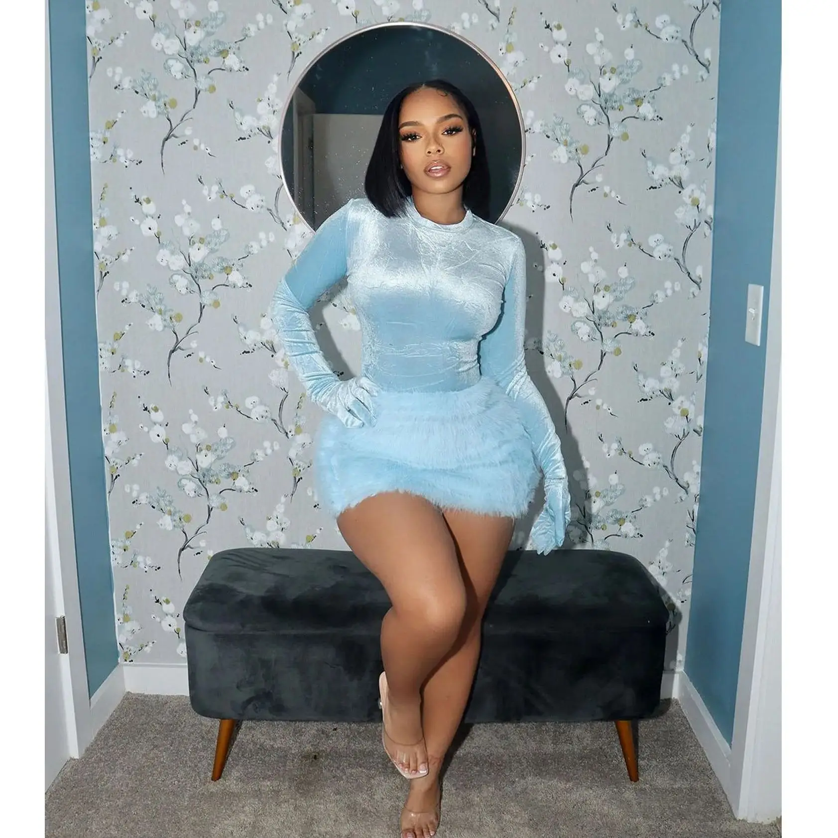 Бархатное платье с мехом комплект из 2 предметов юбкой соблазнительные Клубные