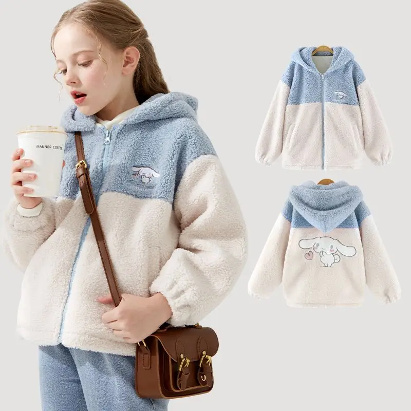 

Sanrios Children Cinnamoroll Lambswool Coat Hooded Anime Figure Cardigan Thicken Autumn Winter Keep Warm Sweet Kawaii Cute Hot