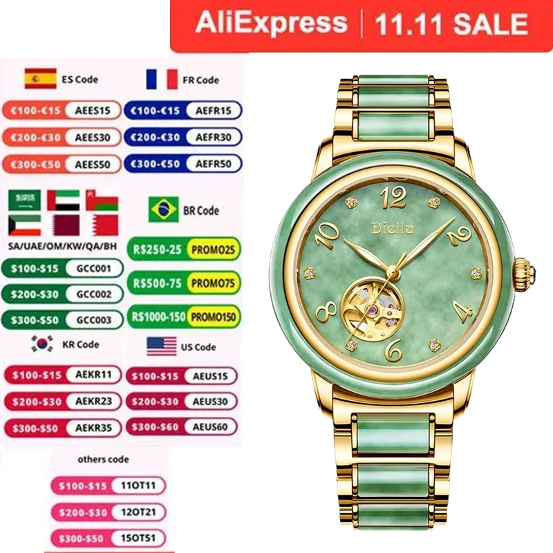 

Diella Jade Men Watch Automatic Mechanical Watches for Men Luxury Dress Watch Waterproof with Sapphire Glass Mirror