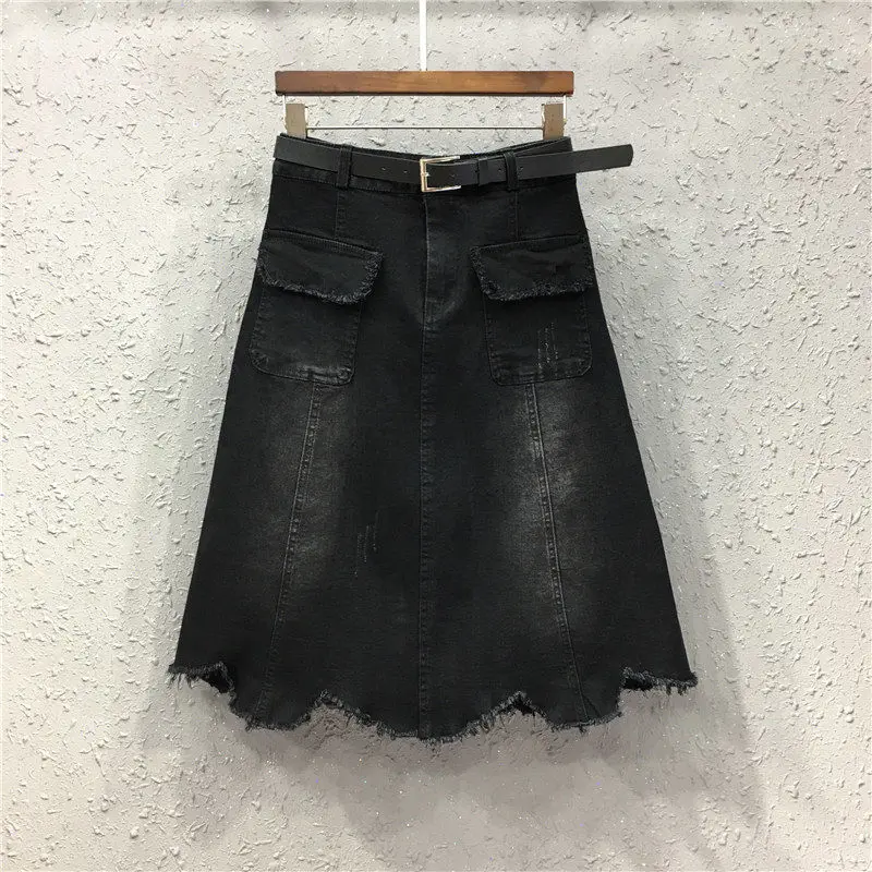 

Summer Vintage Midi Denim Skirts Women High Waist Black Jeans Skirt Ladies Korean Fashion Casual Skirts Bottoms X436