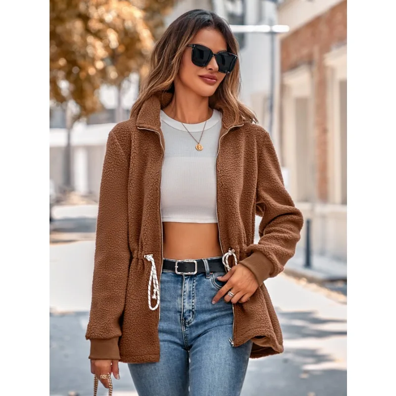 

Повседневное женское пальто с воротником-стойкой, однотонная плюшевая куртка с длинным рукавом и завязкой на талии, модное пальто, женская зимняя куртка, уличная Женская куртка