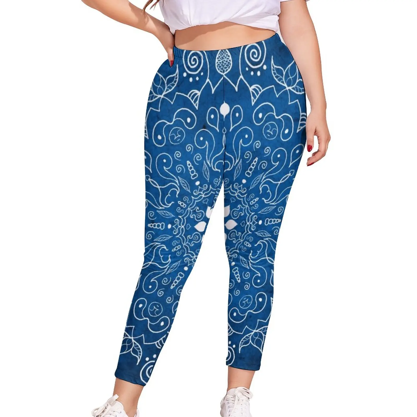 

Blue Mandala Leggings Women Retro Bohemia Print Pattern Leggins Hight Waist Breathable Training Pants Large Size 5XL
