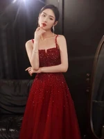 fashion burgundy evening dresses a line elegant spaghetti strap tassel backless zipper beading sequined tulle formal party gowns