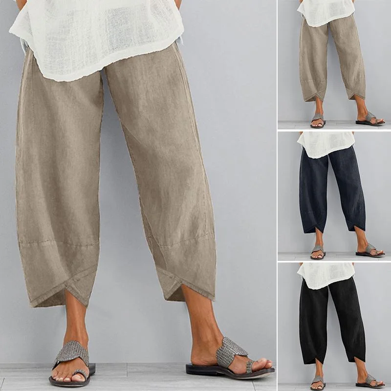 Women Vintage Linen Pants Summer Casual Floral Printed Elastic Waist Harem Wide Leg Pant Female Irregular Cropped Loose Trousers