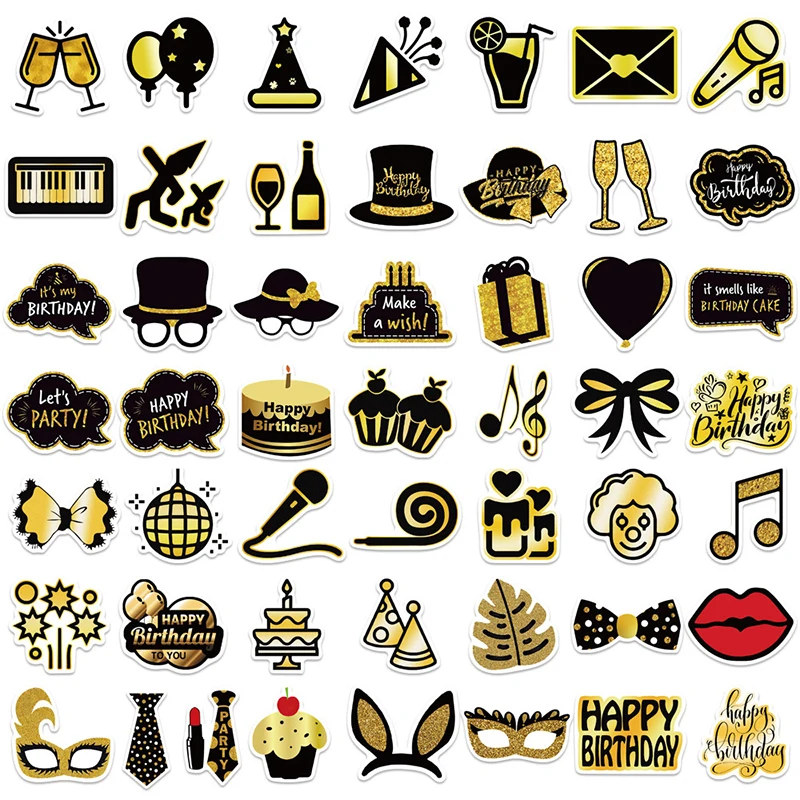

50Pcs Black Gold Birthday Party Graffiti Sticker Car Guitar Suitcase Album Laptop Decal Decor Phone Fridge Sticker