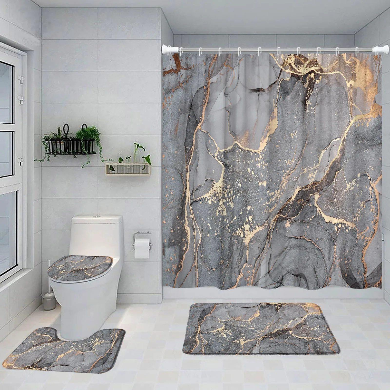

Занавеска для душа с эффектом трещин серого и золотого цвета, Современная креативная ткань с мраморной текстурой, декоративная занавеска для ванной комнаты и нескользящий коврик для ванной