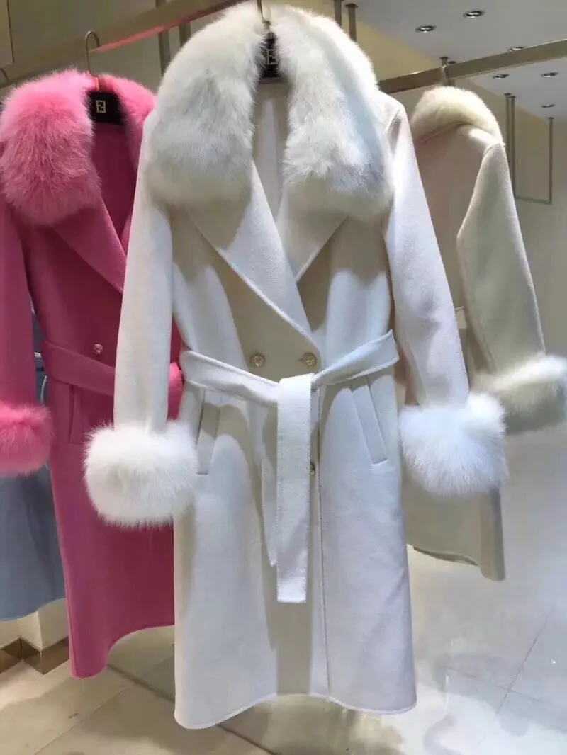 Winter Natural Fur Jacket Real Woolen Coat Natural Fox Fur Collar Cashmere Wool Blends Long Outerwear Ladies Streetwear Elegant