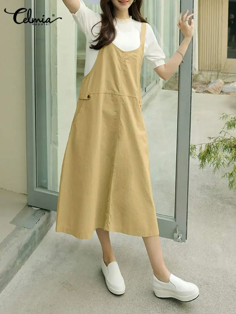 

Celmia 2022 Autumn Leisure Apron Dress Women Elegant Solid Color Holiday Midi Sundress Fashion Pocket All-match Suspender Dress
