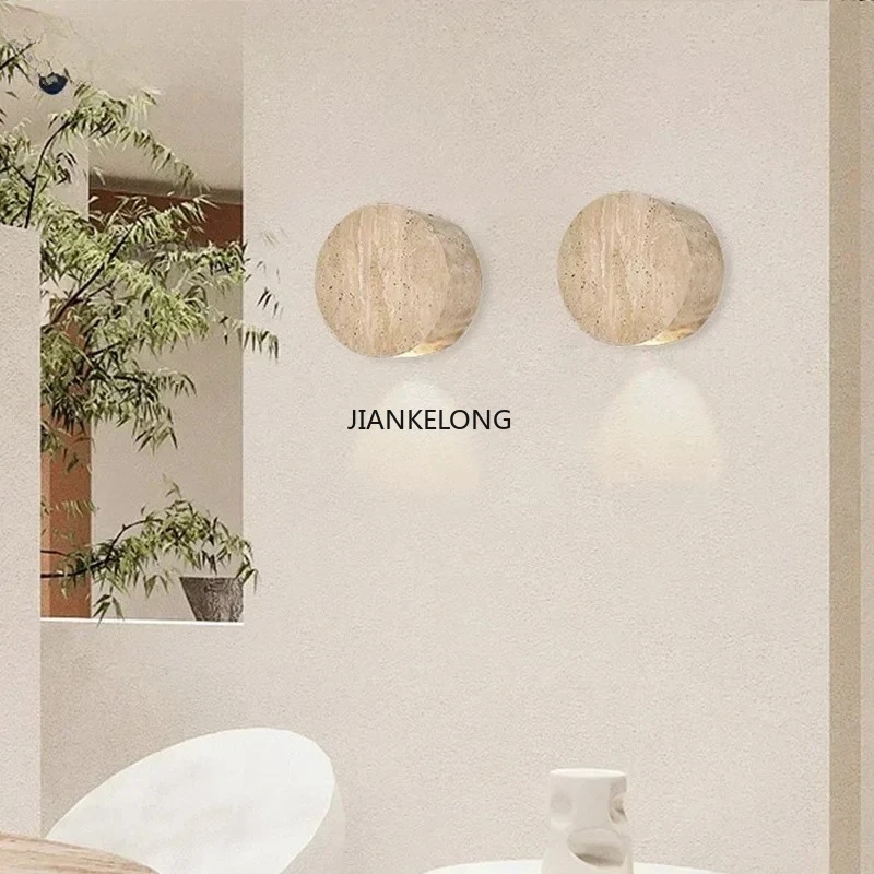 Фото JKL Wabi-Sabi желтый травертиновый настенный светильник, светодиодный настенный светильник из натурального камня для спальни, прикроватный проход, лестница, ресторан №3