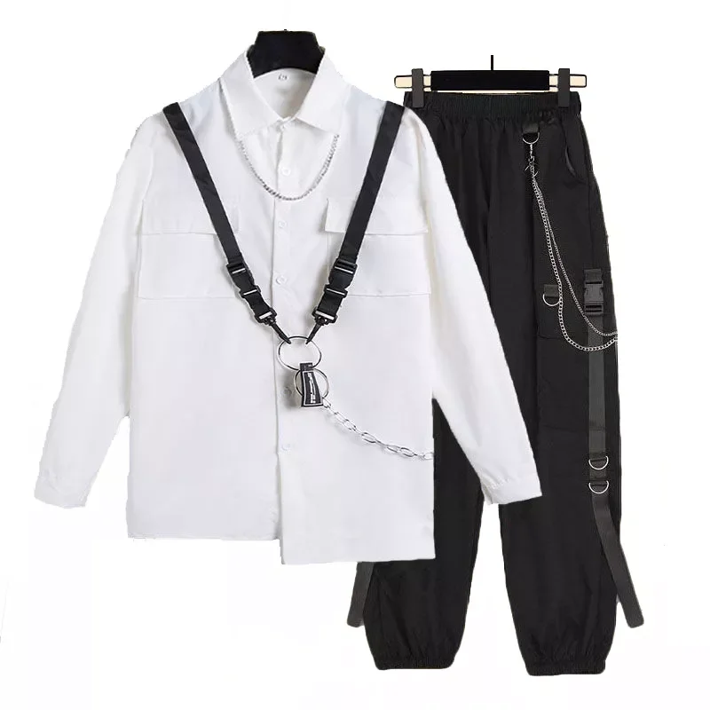 

Костюм унисекс из 2 предметов, уличная одежда в стиле Харадзюку, блузка с длинными рукавами на цепочке и брюки-карго, красивый костюм из двух ...