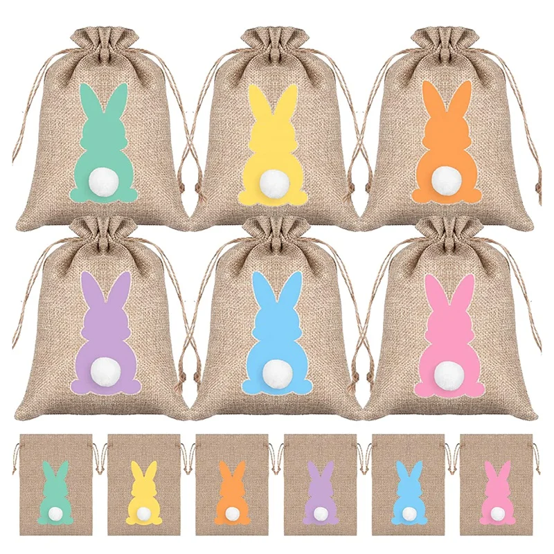 

24 Pcs Easter Day Party Favor Bags Bunny Burlap Gift Bags Candy Bags Gift Wrap Bags For Easter Day 6 X 4 Inch