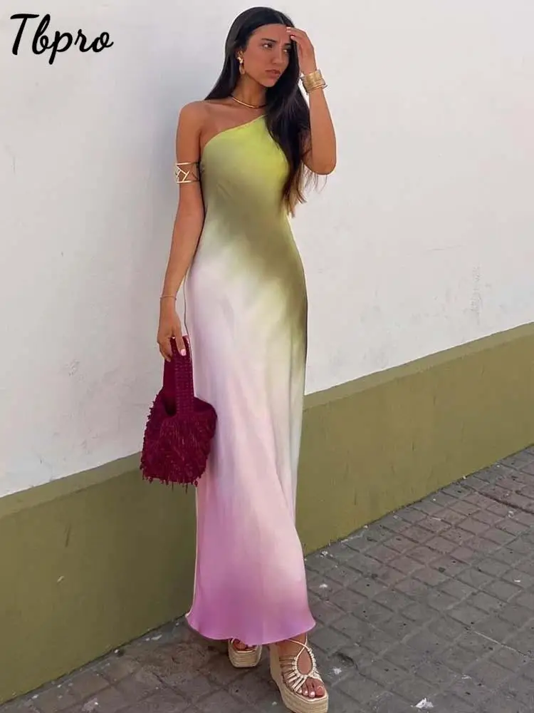 

Gradient Color Irregular Off Shoulder Halter Dress For Women Summer Elegant Sleeveless Long Dresses 2023 Commuter Holiday Robe
