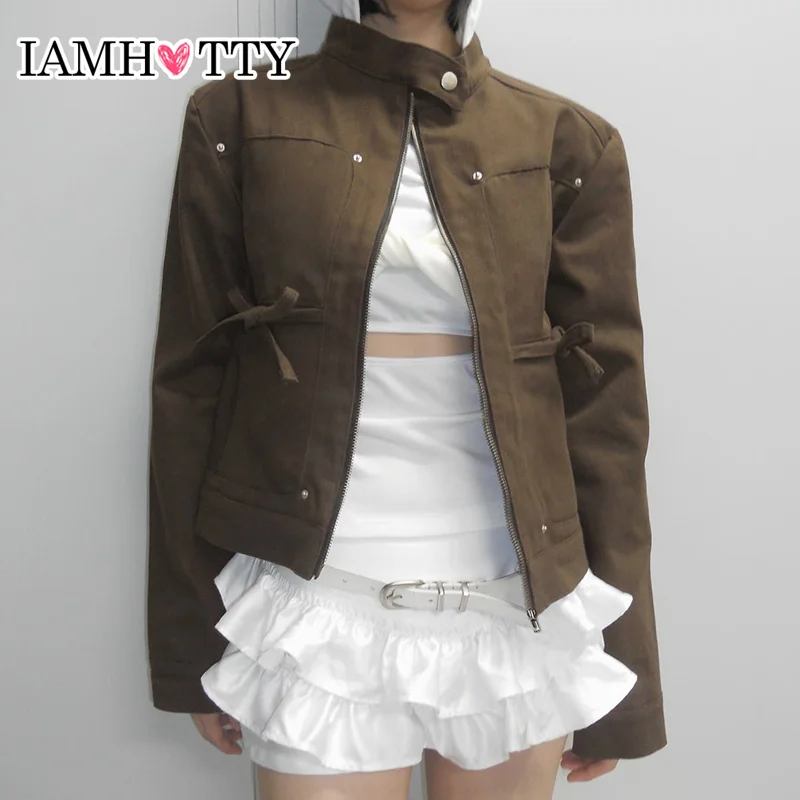 Iamhotty Женская Куртка На Молнии В Стиле Панк Коричневый С Высоким Воротником