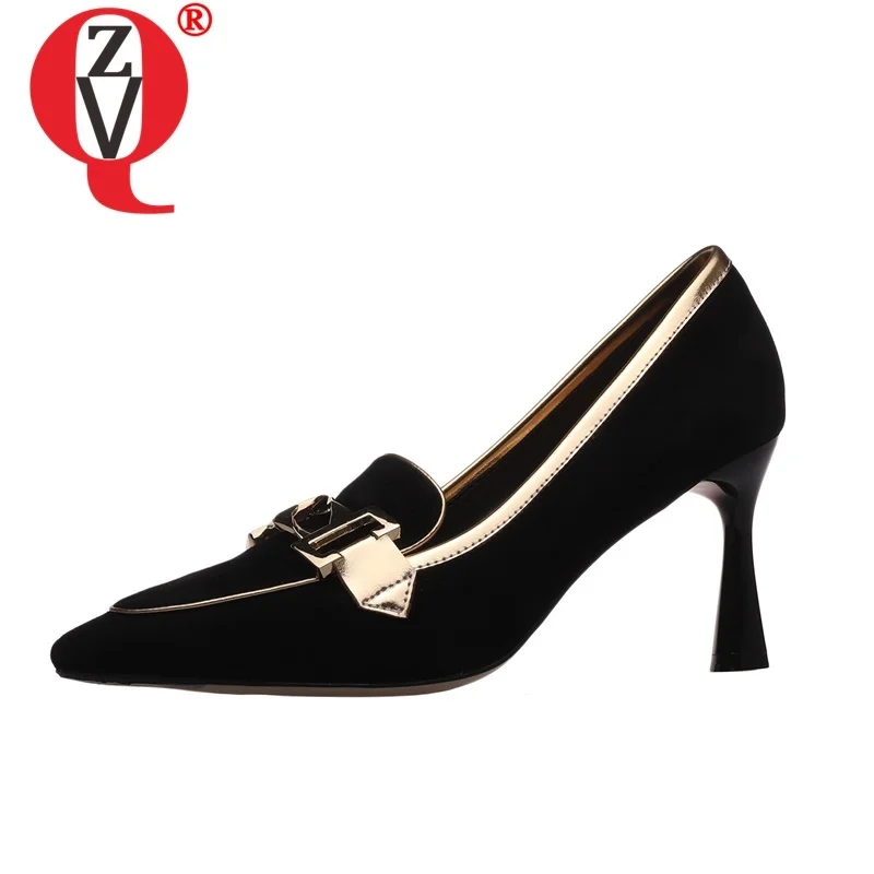 

ZVQ Mixed Color Woman Fashion Pumps Thin Heel Pointed Toe Sheep Suede Upper Office Ladies Buckle Party Shoes Outside Autumn Heel